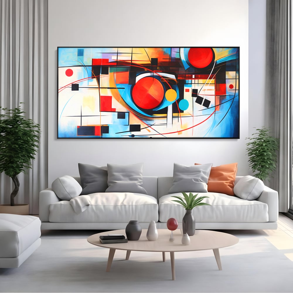 Tablou canvas cu pictura abstracta cu cercuri si linii, in rama de aluminiu negru, pe perete intr-un living